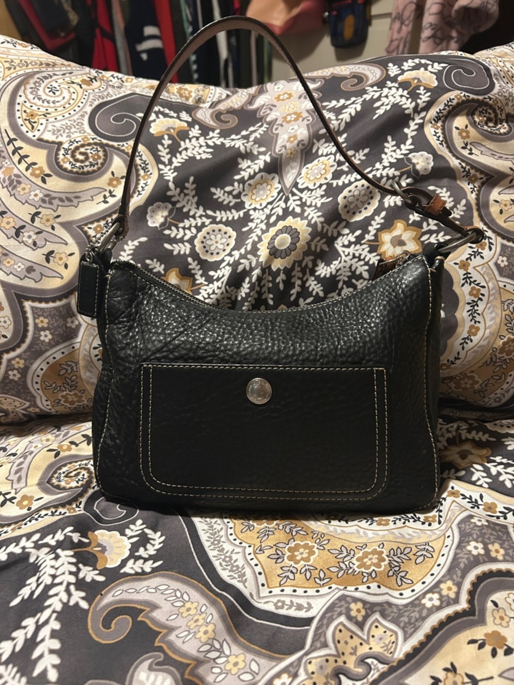 Coach Black Pebble Leather Shoulder Bag with Contrast Stitching